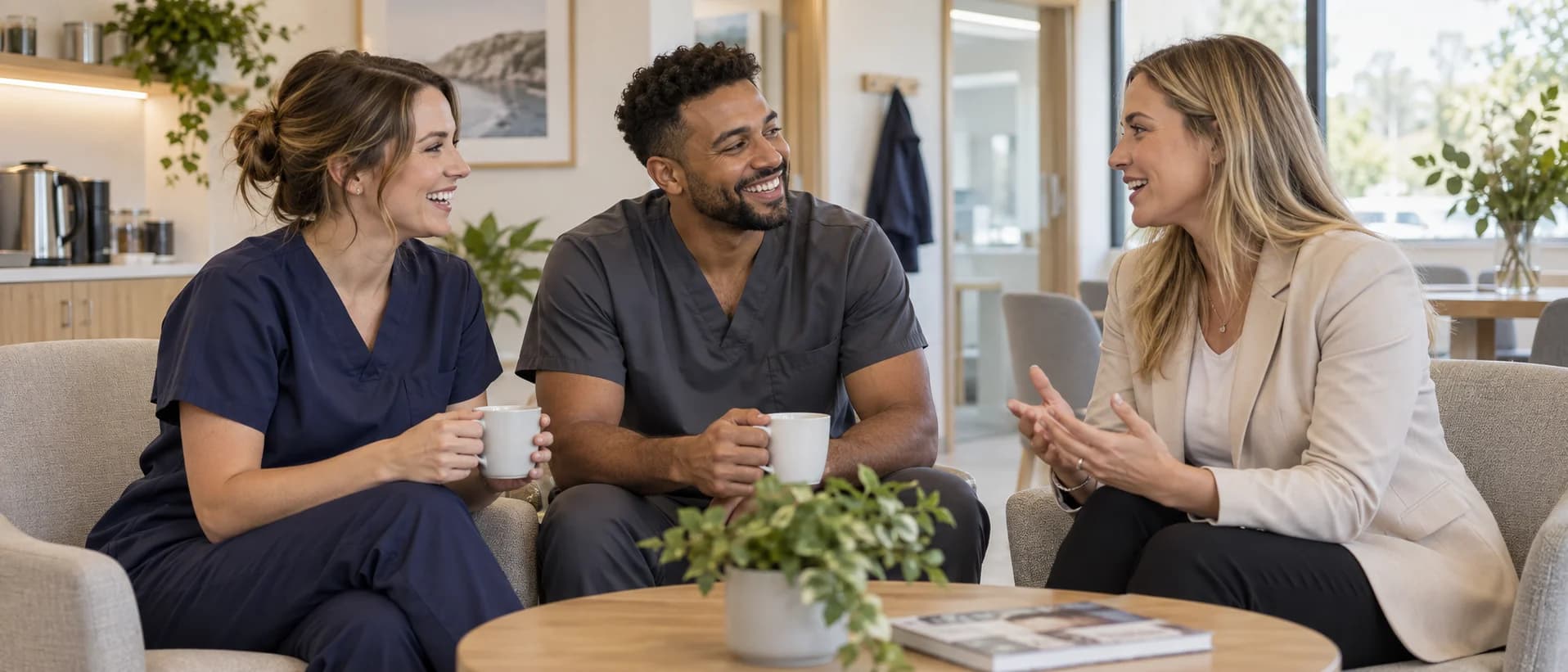 Dental colleagues talking together in a bright practice lounge