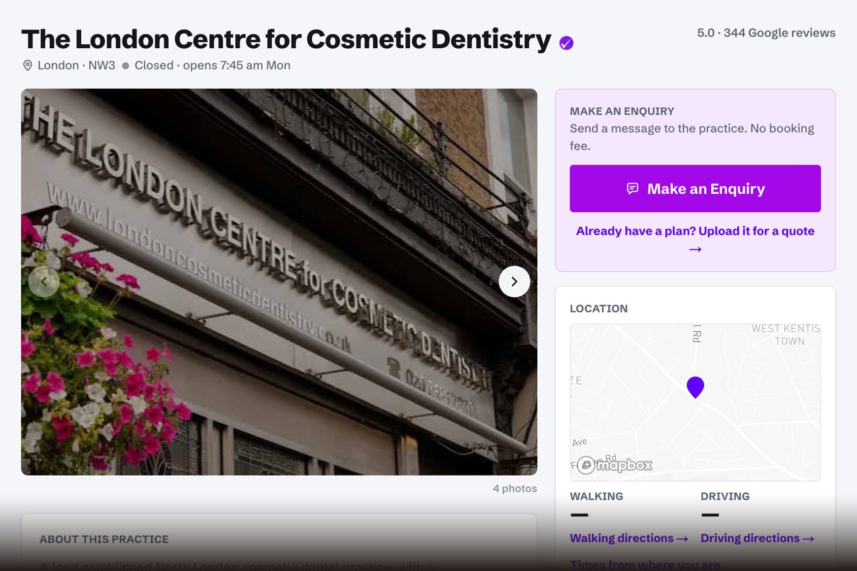 A practice listing on Compare The Dentist, showing its photo, Google rating and the Make an Enquiry panel