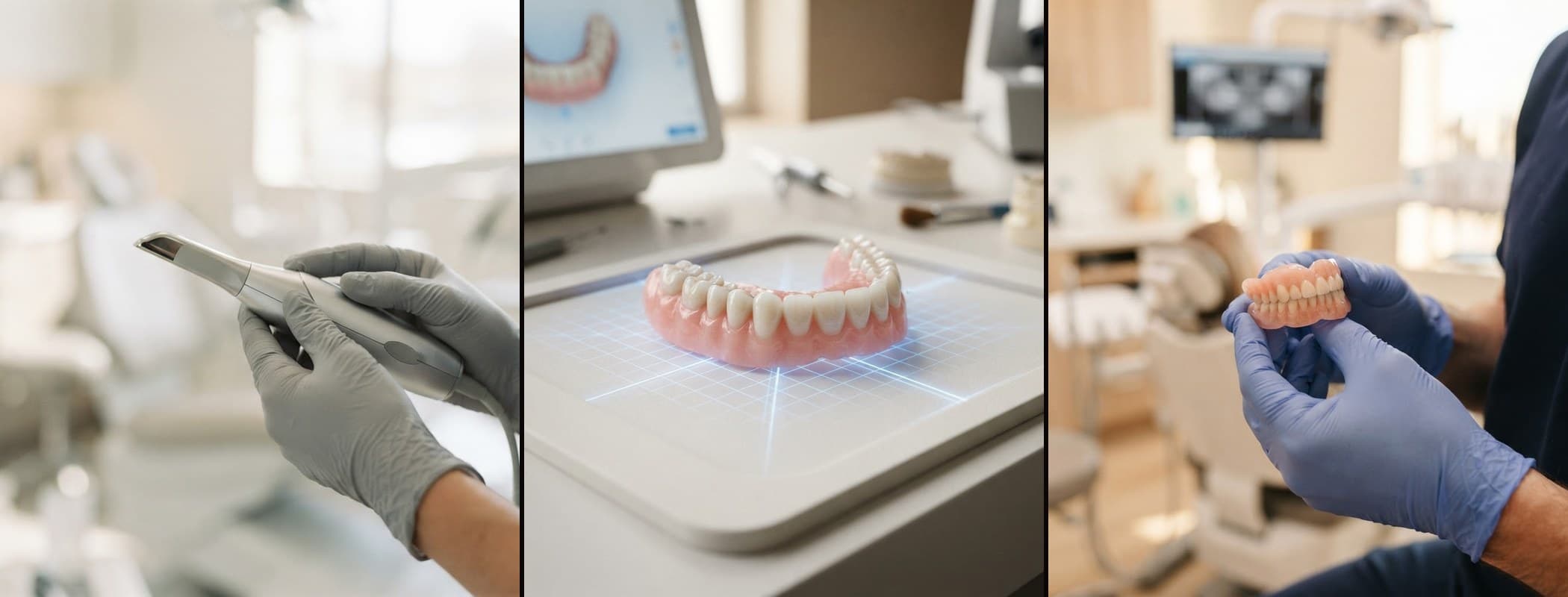 The Digital Dentures workflow: intraoral scan, CAD design, then fitting