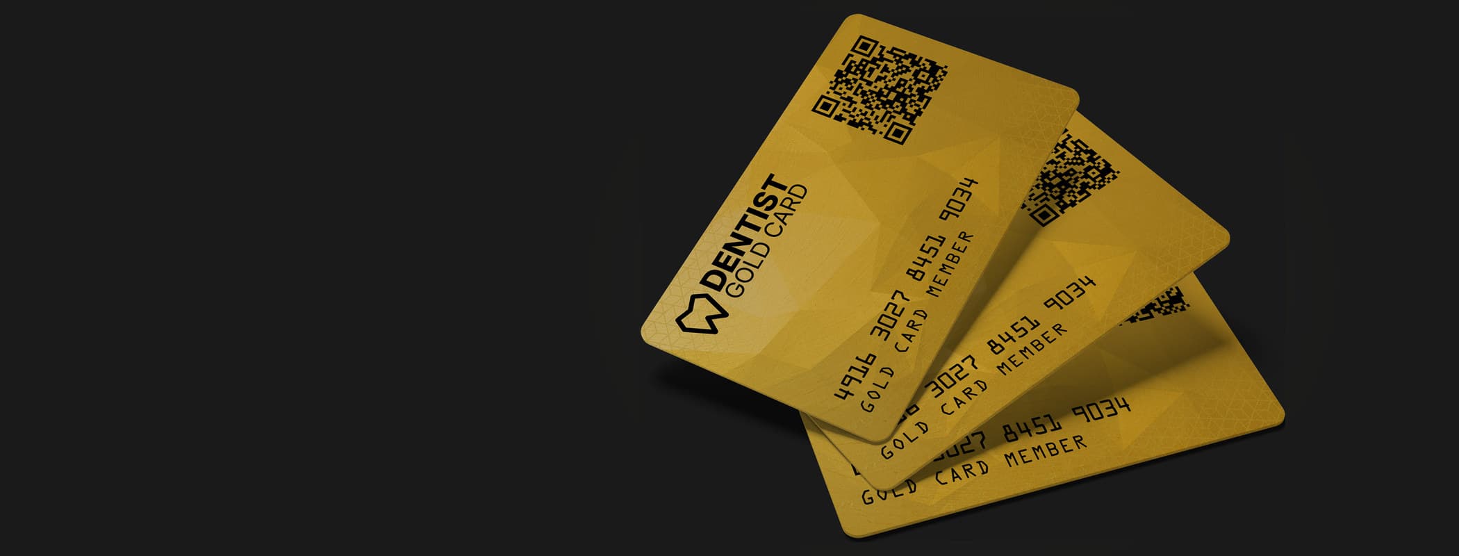 Three Dentist Gold Card membership cards fanned out, each carrying its QR code