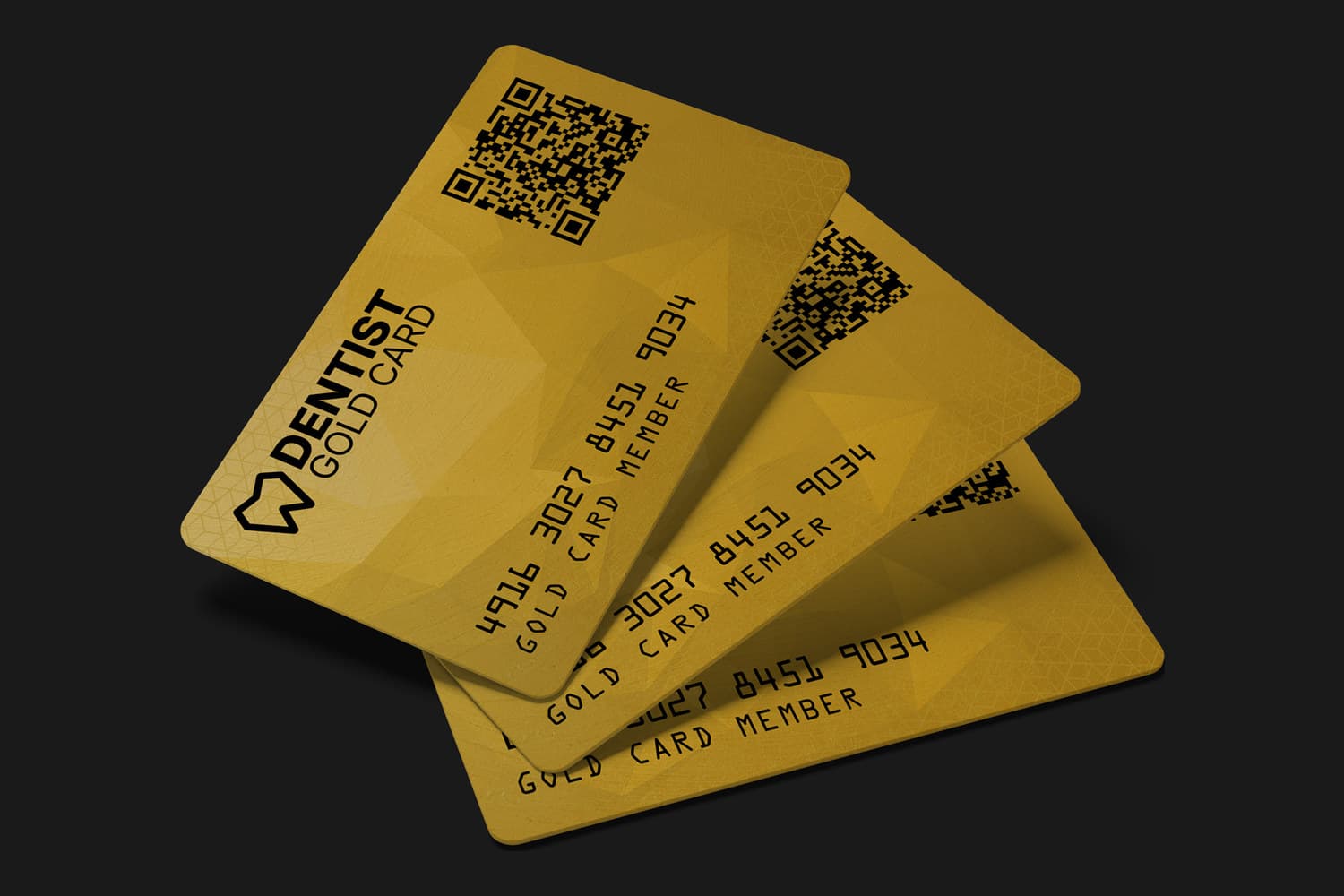 Three Dentist Gold Card membership cards fanned out, each carrying its QR code