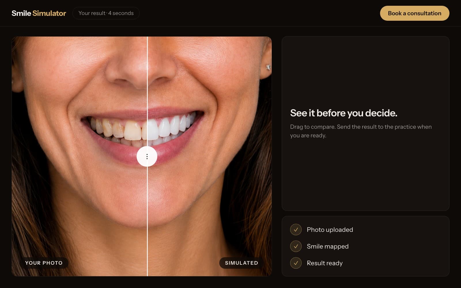A patient photo and its simulated result, split by a drag handle